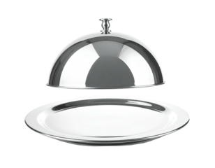 A shiny silver plate with a domed cover, partially open, against a solid black background