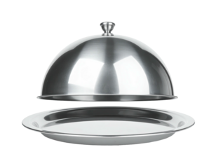 Shiny stainless steel covered platter, lid slightly raised, isolated on transparent background