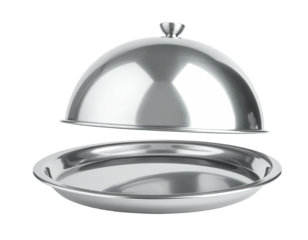 Shiny metal serving dish with a dome lid, floating slightly above the plate