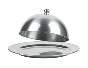 Fototapeta premium Shiny silver serving dish with lid slightly open, on a dark background