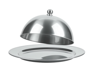 Shiny silver serving dish with lid slightly open, on a dark background