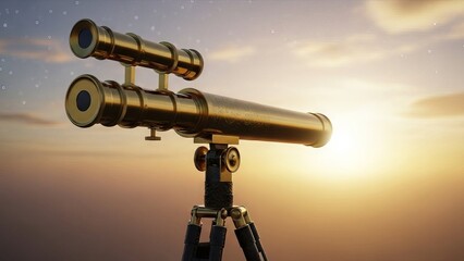 Fototapeta premium Antique Brass Telescope on Tripod Against Sunset Sky
