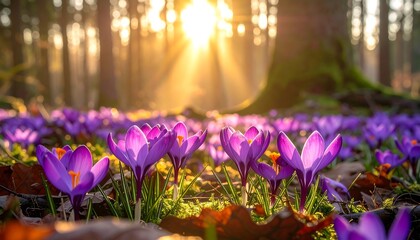Purple crocuses bloom vibrantly under sunbeams in a forest clearing, with tree trunks silhouetted against light