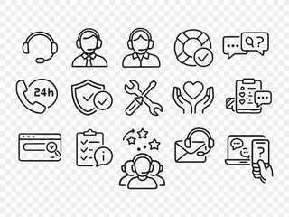 Fototapeta premium Customer Service and Technical Support Line Icons: Helpdesk, Contact, and 24 7 Assistance Vector Set 