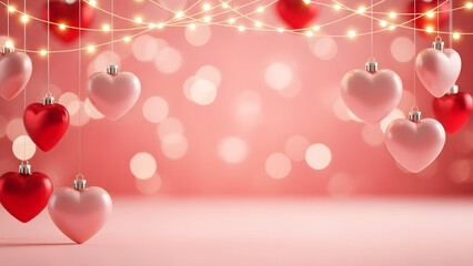 Valentine hearts background with hanging heart decorations and soft bokeh lights