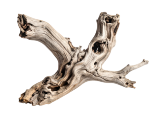 A weathered, intricate driftwood formation isolated against a stark black background