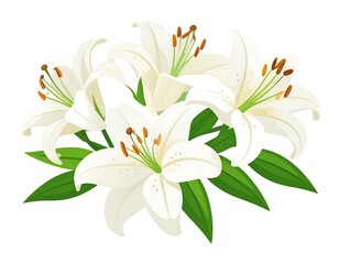 Group of white lilies with green leaves, isolated on a white background in a vector illustration