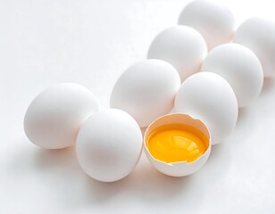 Group of whole, white eggs on a white background, with one cracked egg showing a vibrant yellow yolk