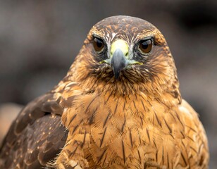 Intense close-up of a bird of prey with brown and yellow feathers, beady eyes, and a sharp beak against a blurred backdrop