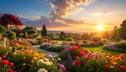 Lush, colorful garden at sunset, path winding past vibrant flowers to charming cottage amidst rolling hills