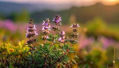 Purple flowers bloom in a sunlit meadow against a blurred backdrop of rolling hills in a pastel sunset sky