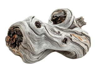 Close-up of weathered driftwood with swirling grain and intriguing hollows, isolated on black