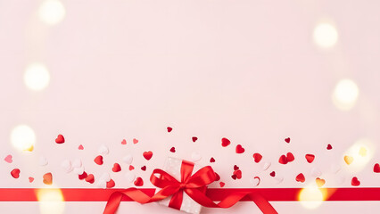 Valentine Red Ribbon with Heart Confetti Soft Pink Background and Copy Space