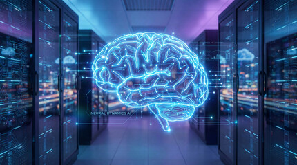 Glowing digital AI brain with futuristic blue neon light lines