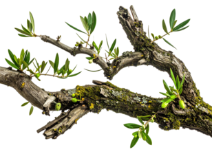 A close-up view of a textured, aged branch with vibrant green leaves and small olive-like fruits