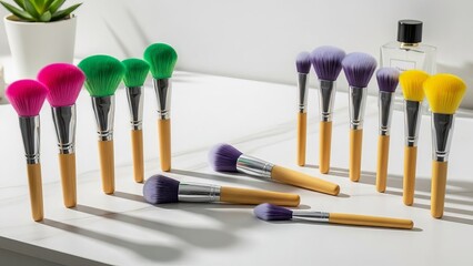 Assorted Makeup Brushes with Wooden Handles and Vibrant Bristles