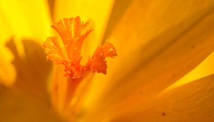 Intense closeup view of a vibrant, sun-drenched yellow flower revealing detailed pistil and petal textures