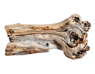 Close-up of weathered driftwood on a black background, showing intricate wood grain details