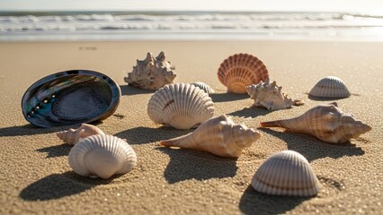 Assorted Seashells Scattered on a Sandy Beach Shoreline with Ocean in Background