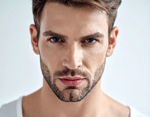 Intense gaze of a light-skinned man with blue eyes, stubble beard, and dark hair, against a simple background