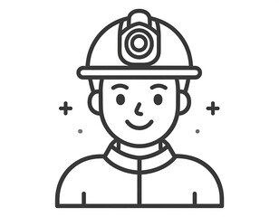 Graphic outline of a smiling person with a helmet and lamp, minimal dots, set on a crisp white background