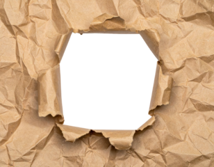 Wrinkled brown paper torn, revealing a geometric black void center. Focus on texture