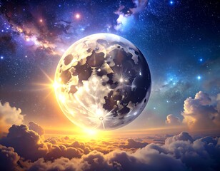 Large moon hangs low above clouds, with vibrant stars and nebulas in the sky