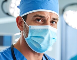 Intense gaze of a masked surgeon in blue scrubs under bright operating room lights, looking directly at the viewer