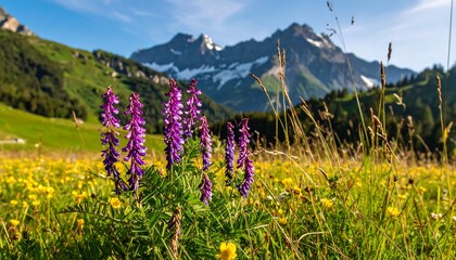 Purple flowers flourish in a vibrant meadow before a stunning mountain backdrop under a clear, sunny, blue sky