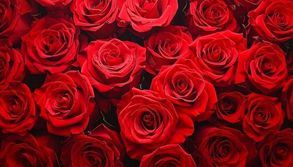 Lush, crimson red roses fill the frame. Petals are soft, velvety, and tightly swirled together. Rich, romantic
