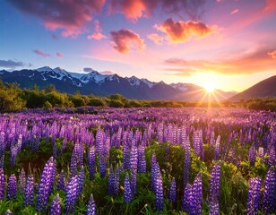 Purple flowers blooming in a field at sunset against a mountain range