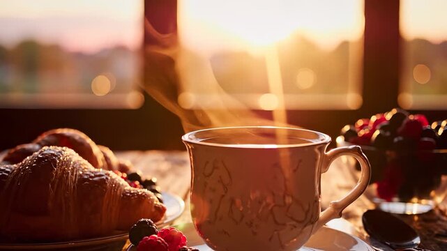 A steaming cup of tea sits beside a plate of croissants and fresh berries, warmly lit by the setting sun. The cup and croissants are complemented by the vibrant colors of the berries.