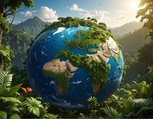 Lush Earth globe with vibrant continents floats among tropical foliage, basking in golden sunlight, mountains in background