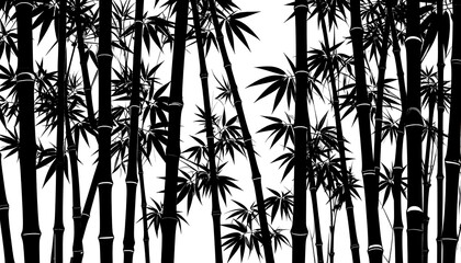 Graphic silhouette of bamboo stalks and leaves against a white background in a dense, wild arrangement