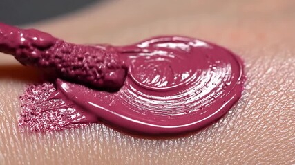 Luxurious liquid lipstick in a vibrant berry pink shade being meticulously swatched onto a smooth skin surface showcasing its rich creamy texture and brilliant shine with a precise applicator perfect.