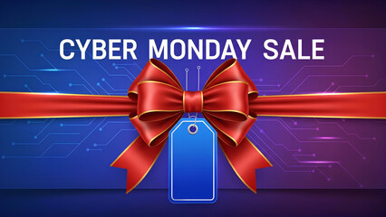 Red bow with tag and ribbon on purple and blue background with text "Cyber ​​Monday Sale".