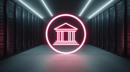 A data center corridor features a glowing neon icon of a building in a circle, suggesting financial institution presence