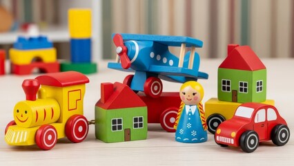 Charming Wooden Toy Collection Featuring Airplane, Train, House, and Girl