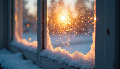 Frosted window pane with ice crystals and snow. Winter sunset light glowing through frozen glass. Cold weather background