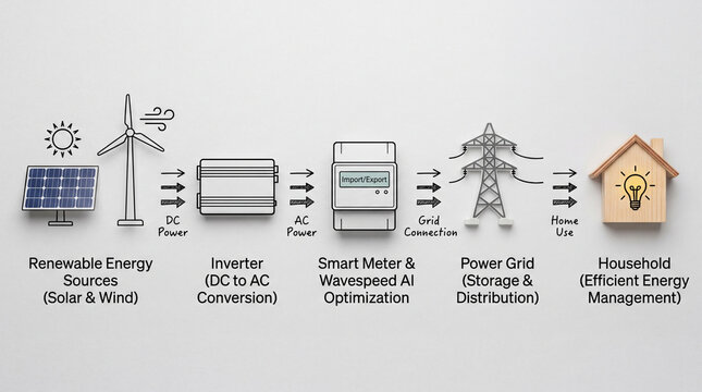 Educational diagram of renewable grid energy systems in flat lay style
