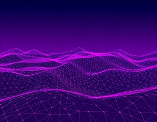 Purple gradient backdrop featuring a wireframe mesh of undulating landscape, highlighted by vibrant pink lines and nodes