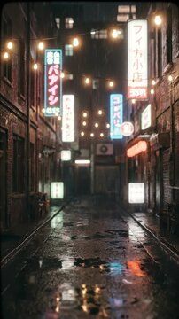 Nighttime cyberpunk alley with neon lights and wet pavement reflections. Futuristic street scene transitioning to blue holographic globe with code overlay. Urban sci-fi and global digital network