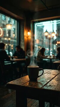 Two men chatting in cozy cafe with warm lighting. Scene transitions to digital holographic globe displaying world news. Global connectivity and information broadcast concept. Vertical video