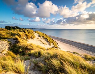 Grassy dunes sloping toward a sandy beach meet the ocean under a partly cloudy blue sky during golden hour