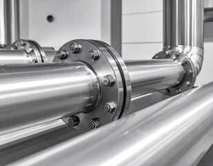 Interconnected metal pipes with bolted flanges, in an industrial gray-toned environment, showing precision and engineering
