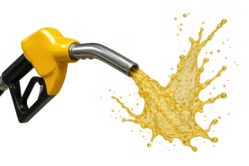 Fuel pump nozzle pouring and splashing gasoline or oil in a dynamic splash, representing energy, power, and cost on transparent background