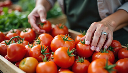 Woman hands sorting fresh red tomatoes in a wooden crate. Organic vegetable harvest at farmers market. Healthy food concept