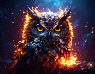 Intensely staring owl engulfed in flickering orange and red flames in a dark blue forest background