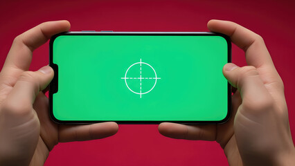 Hands Holding Modern Smartphone with Green Screen and Target Icon on Red Background