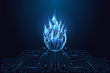 Futuristic glowing fire sphere on circuit board, energy and heat technology vector